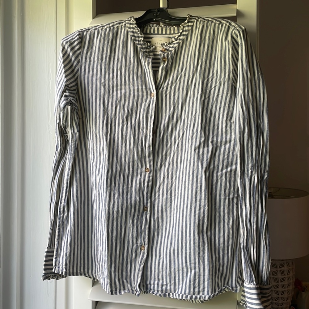 Sezane Blue & White Striped Collarless Button-Down Shirt